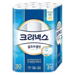 크리넥스 3겹 울트라 클린 롤화장지 천연펄프 27m 30롤 1팩