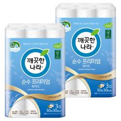 깨끗한나라 3겹 데코 순수 프리미엄 와이드 천연펄프 롤화장지 30m 30롤 2개
