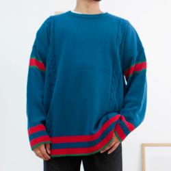 일루소 남성용 배색 트윈케이블 오버핏 크루넥 니트