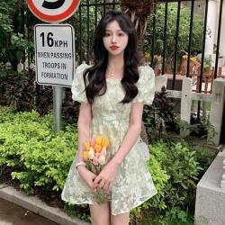 우유 달콤하다 매운 여동생 플라워 원피스 여자 여름 부드럽다 첫사랑 독특하다 디자인감 작다 키 거품 소매 짧은 치마