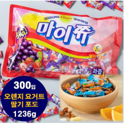 크라운 마이쥬 대용량 혼합 젤리 오렌지요거트/딸기/ 포도 마이쭈 (대략300개) 1236g, 1236g