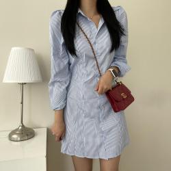 VANANA2 여성 페미닌 스트라이프 카라 셔츠 뒷리본 원피스 2color