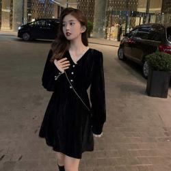 겨울 치마 여혁본풍 블랙 스커트 브이넥 벨벳 원피스