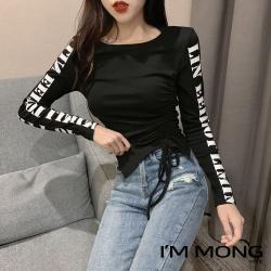 아이엠몽 여성 유니크 스트링 섹시 크롭티 프린팅 긴팔 블랙 슬림 티셔츠