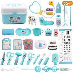 어린이를 위한 치과 의사 키트 장난감 35 PCS 내구성 있는 치과 의사 의료 역할 놀이 교육 장난감 눈시울 테스트 캐리 케이스 역할극 의사 세트 3 블루, 상세페이지 참조