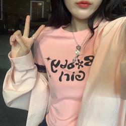 라운드반팔티 TOYOUNG 아양을 떨다 큐트 BABYGIRL 얇은티셔츠 여성 디자인감각 짧은 상의 여름 2308118838