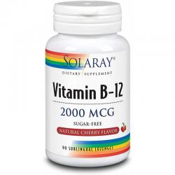 비타민 B12 Solaray 비타민 B-12 2000 mcg | 무설탕 천연 체리 맛 | 건강한 에너지 및 적혈구 지원 | 마름모꼴 90 개, 1, 단일옵션