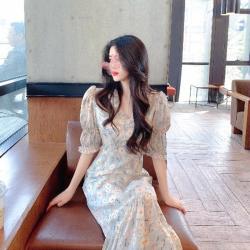 NEWTIME 미디원피스 여름 모리 디자인 복고 중 롱 데이지 꽃무늬 치맛자락 원피스 여신 룩 QH26 A8