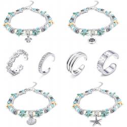 LOYALLOOK 4-8pcs 불가사리 또는 거북이 청록색 스톤 펜던트 Anklets 팔찌 및 발가락 반지 계층화 된 Boh