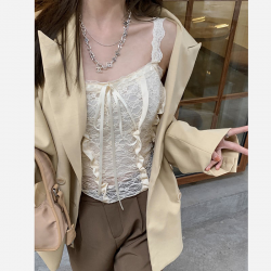 DFMEI 나무 귓가 레이스 조끼 리본 끈 디자인 쇼트 나시 저고리