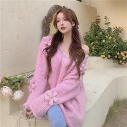 실사 달콤하다 선명하다 디자인 감각 물 다이아 칼라 입체 꽃 장식 넉넉하다 나른하다 스웨터 여자 f2313