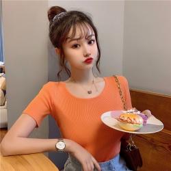 마카롱 라운드 반팔 니트 여 슬림 이너 티 상의 학생