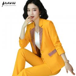 캐주얼 패션 바지 정장 여성 2020 가을 새로운 기질 노란색 공식적인 긴 소매 슬림 블레이저 세트 Office Ladies Work