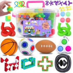 BRIGHT MOON 30 Pcs Fidget Toy Set 어린이용 Sensive Fidget Toys Pack 및 간단한 보조개 원숭이 국수 팝 튜브가 포함, 1, 단일옵션