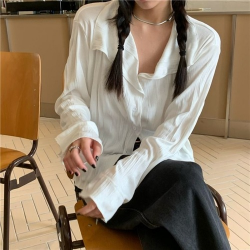 HOUZHOU 흰색 루즈핏블 셔링 긴팔티 핀턱블 얇은 브이넥 블라우스여성 트랜드
