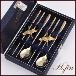 부모님 어버이날 감사 선물 H.jin 쌍학 진공 티타늄 금수저세트 (부부수저) 할아버지 할머니 가족 친척 어른 어르신 상견례 답례품