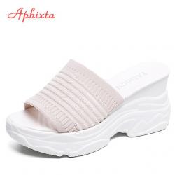 Aphixta 코튼 패브릭 플랫폼 웨지 슬리퍼 여성 신발 뮬 방해물 깅엄 샌들 소녀 플립 플롭 슬라이드 pantufl