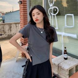 큰 사이즈 여성복 뚱뚱하다 mm 반팔 불규칙 트임 정면 어깨 티셔츠 여자 포동포동 달콤하다 맵다 특이하다 짧은 저고리 여름