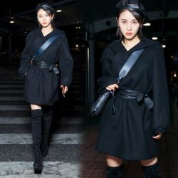 인조모피코트 가을겨울 왕즈원 동일타입 블랙 후드 모직코트 원피스 껍질이 생기다 허리띠 레저 코트