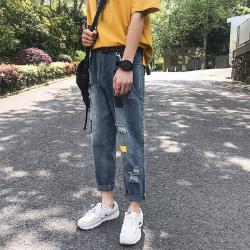 진위커 화선삼 펀칭 페인트 청바지 군데군데 찢어진 9부 바지 워싱 구제 빈티지 빈티지 블루