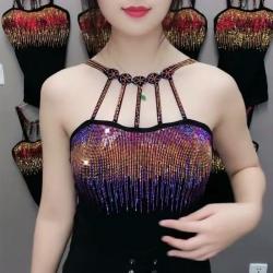 유럽역 마이크로몰 레드 컬러 헴라인 가슴끈 큐빅 체인 라인 여성 롱 나시