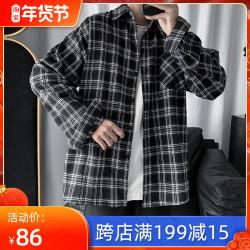 블랙체크셔츠 무거운 머리 다녀가다 트렌드 길이 소매 와이드 루즈핏 레저셔츠 코트 남성 3708348732