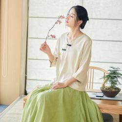 여름 여성복 신상 국풍 개량 린넨 샌드 세안 세안 우아하다 분위기 날씬해 보이다 배색 여성용 단추 티셔츠