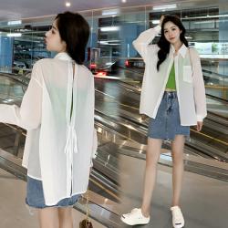 지아코코 HH-119 남방 블라우스 루즈핏 뒷리본 뒤트임 끈셔츠 라운드 티셔츠 포인트 여성 흰셔츠 얇은 긴팔