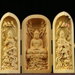 불교 굿즈 부처님 불상 목조 접이식 불감 미니 삼존, 서쪽 세 성도에 앉아