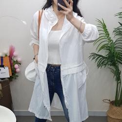 제이후 봄 여름 루즈핏 허리 스트링 얇은 후드 롱 바람막이 점퍼 (화이트 소라)