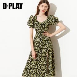 dplay de 파라 여름 신록 그린 칸 무늬 버블 소매 트렌디하게 허리를 잡아주는 상큼 소녀 트임 원피스