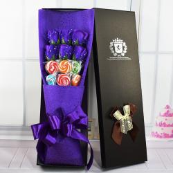 비누꽃바구니 어버이날 하트 장미 곰돌이 비누 한송이 꽃다발 발렌타인데이 미 선물세트 에뮬레이션 으로 여자구 아내에게 선물하는 여자 심부름, 12 신상6꽃6糖小박스-자색
