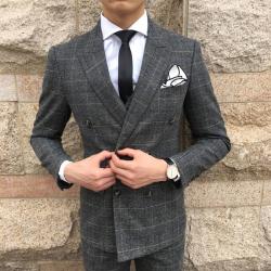 가을남성스트릿패션 짐작함 스타일리쉬 클래식 그레이체크 슬림 역복 칼라 더블수트 체크무늬 쓰리 피스이다 2126552815