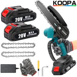 KOOPA TOOL 6인치 미니 전기톱 안전자물쇠 달린 끈 없는 전동체인 톱 목재 절단용 나무 손질용 핸디형 소형 전기톱, 플라스틱 상자, 2x 배터리