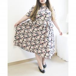 [66-110size] 로지 프릴 반팔 빅사이즈 플라워 롱원피스 예쁜 장미꽃 무늬 플레어치마