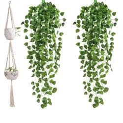 1 PCS Macrame Double Plant Hanger 2 계층 교수형 Planter & 2pcs 인공 아이비 화환 가짜 매달려 포도 나무 식물, 하나, 아이보리 & 그린
