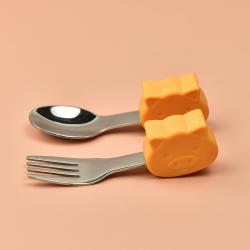 아기 훈련 숟가락 배우다 식사 식기 세트 어린이 포크 숟가락 젓가락 훈련 빠르다 초학 아기 귀엽다 그릇 숟가락, 돼지[주황색] 직사각형 숟가락