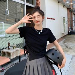 큰 사이즈 여성복 뚱뚱하다 mm 반팔 불규칙 트임 정면 어깨 티셔츠 여자 포동포동 달콤하다 맵다 특이하다 짧은 저고리 여름