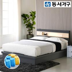 동서가구 세린 편백선반 LED 평상형 퀸 침대 (9존독립매트리스), 그레이