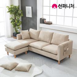 썬퍼니처 베리영 3인용 패브릭 풀커버 카우치 쇼파+스툴, 독립스프링 오리털 소파, 벨벳 베이지(8월하순 입고)